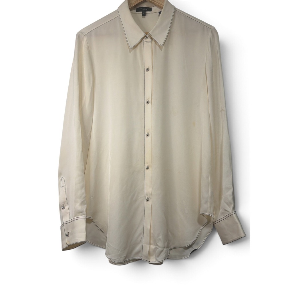 Theory Ivory 100% Silk Blouse Contrast Stitch Silver Ball Buttons Size L